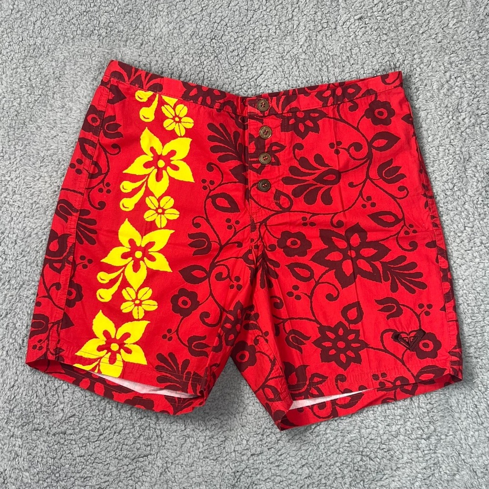 Roxy Boardshorts Embroidered Logo 100% Cotton Floral Red Women's Size‎ 5 VTG NWT
